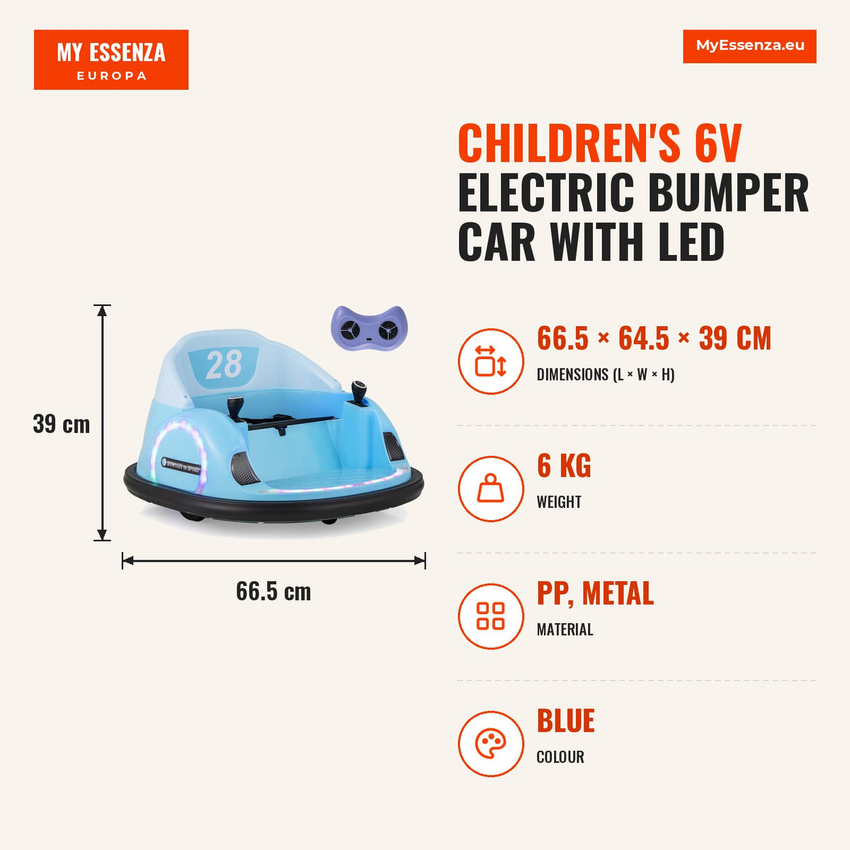 Carro de Choque Elétrico Infantil 6V com LED, Música e Controlo Remoto - Azul — Infografia | Infographic — dimensions