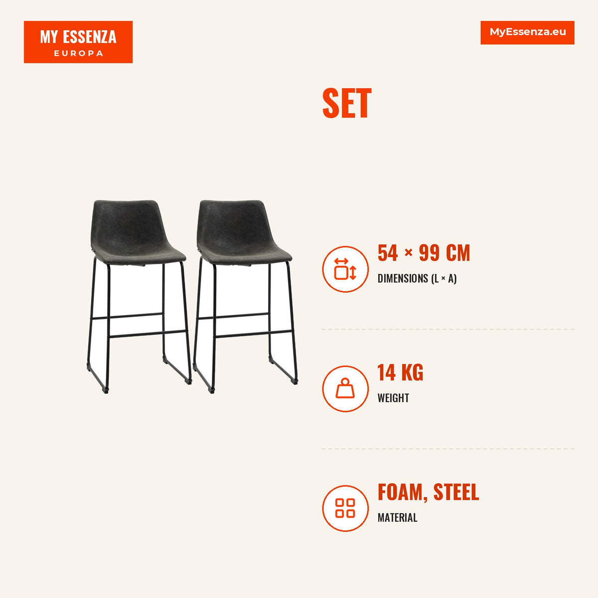 Conjunto de 2 Bancos Altos de Cozinha Estofado em PU Bancos de Bar com Encosto Pés de Aço e Apoio para os Pés para Sala de Estar Cara Máxima 110kg 47x — Infografia | Infographic — dimensions