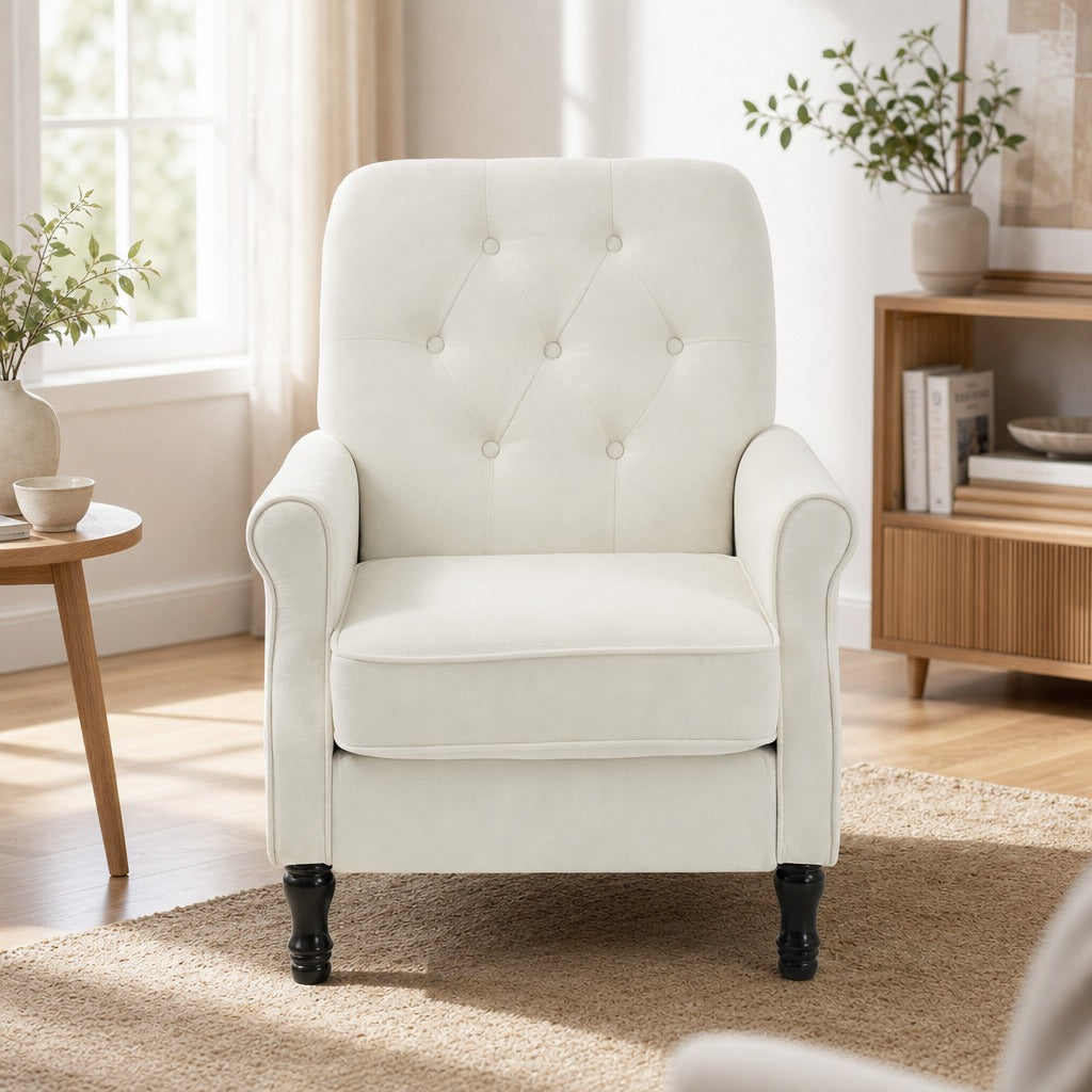 Poltrona Relax, Sofá Individual, Estofado em Linho, Assento Acolchoado Grosso, Encosto Alto Capitoné, Pés de Madeira Maciça, Cadeira para Sala, Quarto e Escritório, Creme — Ambiente | Lifestyle