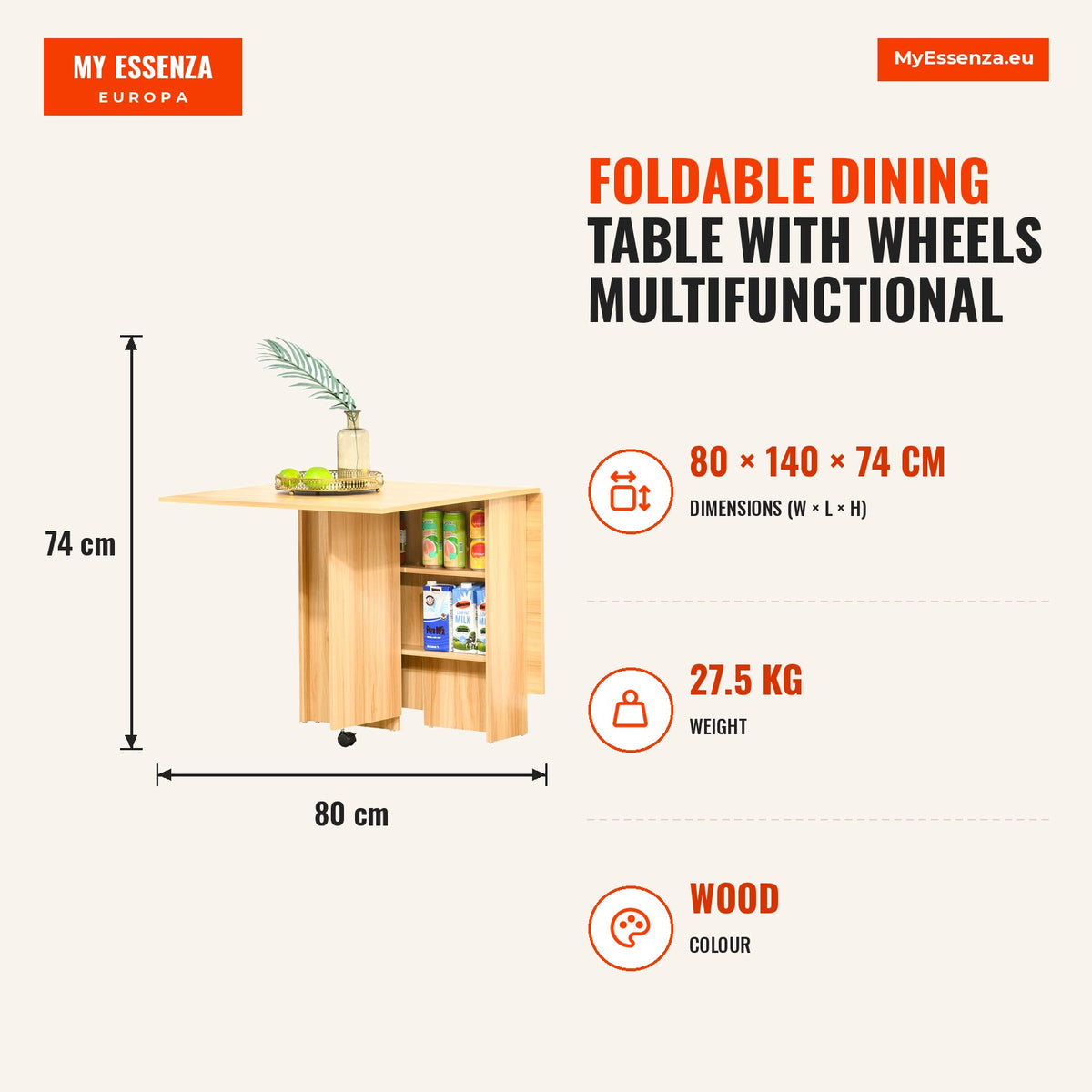 Mesa de Sala de Jantar Dobrável com Rodas Mesa Multifuncional para Sala de Jantar com 3 Formas 140x80x74cm Madeira — Infografia | Infographic — dimensions