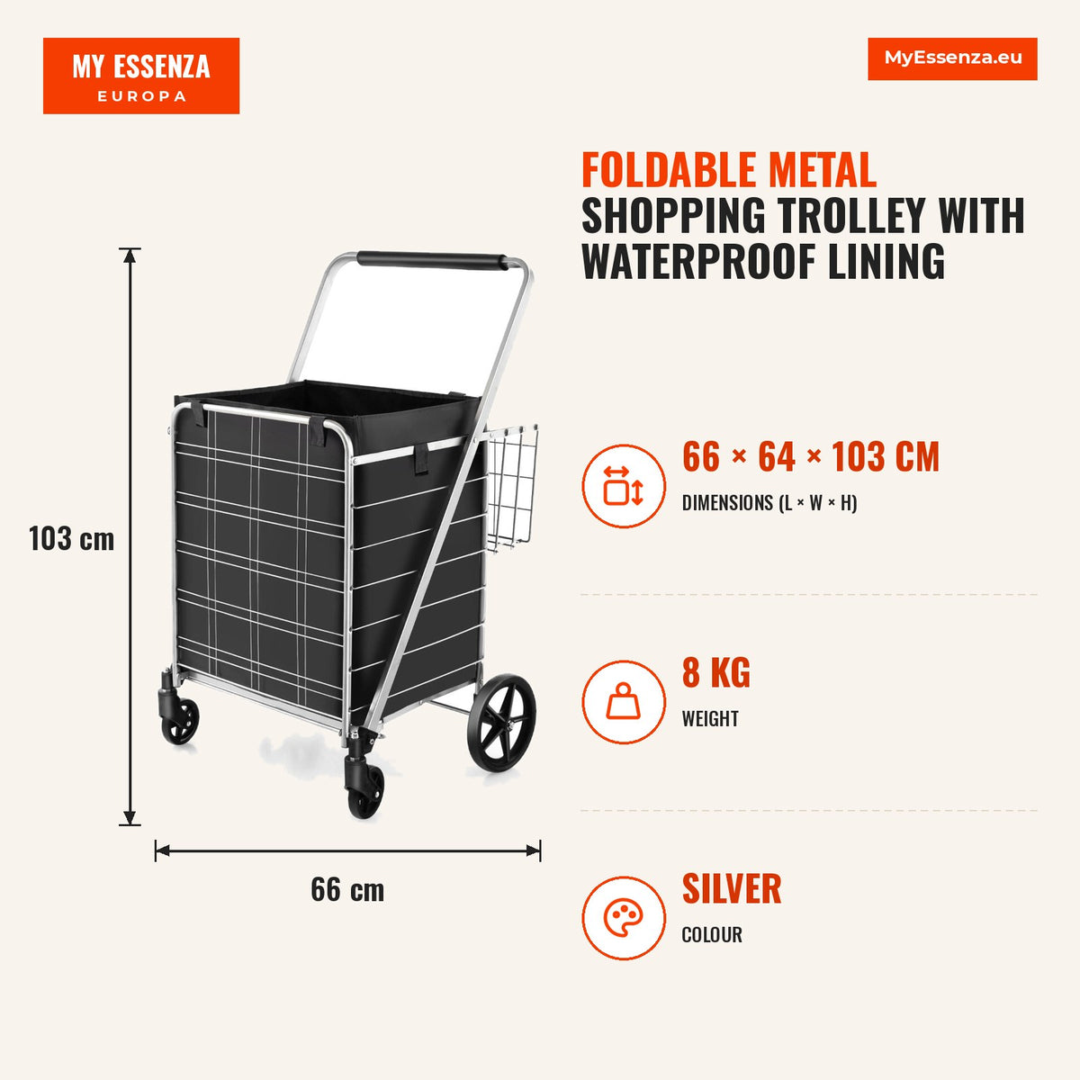 Carrinho de Compras Dobrável Metal com Forro Impermeável 150 kg — Infografia | Infographic — dimensions