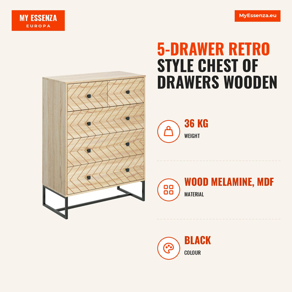 Cómoda com 5 Gavetas Estilo Retrô Móvel Auxiliar de Madeira para Sala de Estar Corredor 80x39,5x110 cm Madeira e Preto — Infografia | Infographic — dimensions
