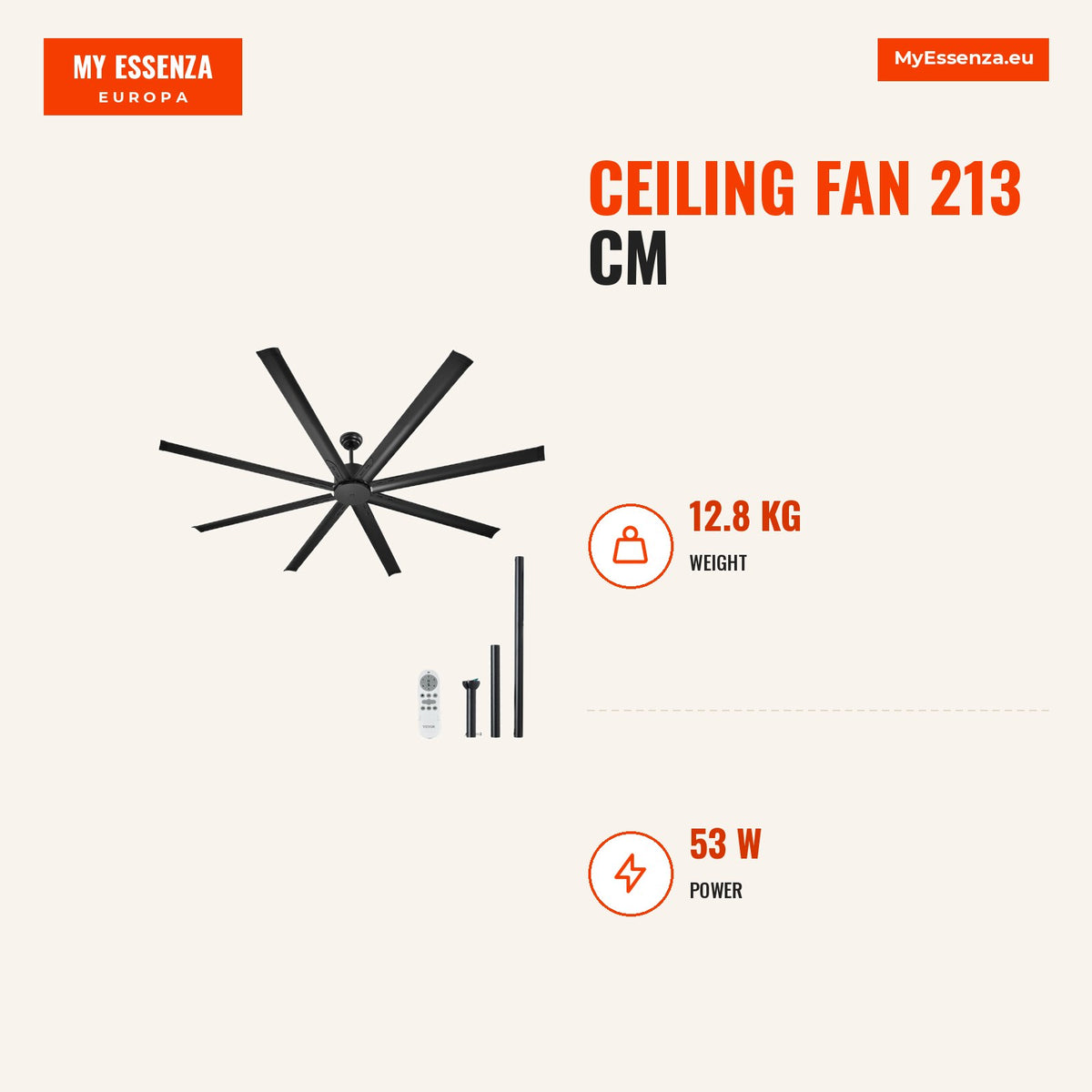 Ventoinha de teto 213 cm, 8 pás alumínio, 6 velocidades, controlo remoto — Infografia | Infographic — dimensions