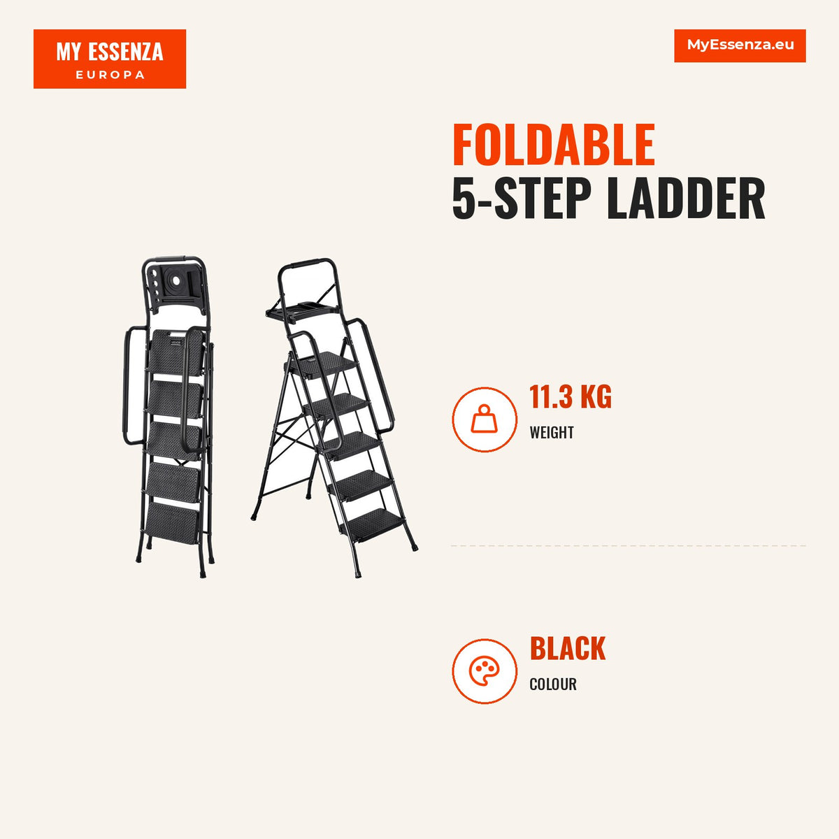 Escada 5 degraus dobrável 272 kg anti-deslizante aço — Infografia | Infographic — dimensions
