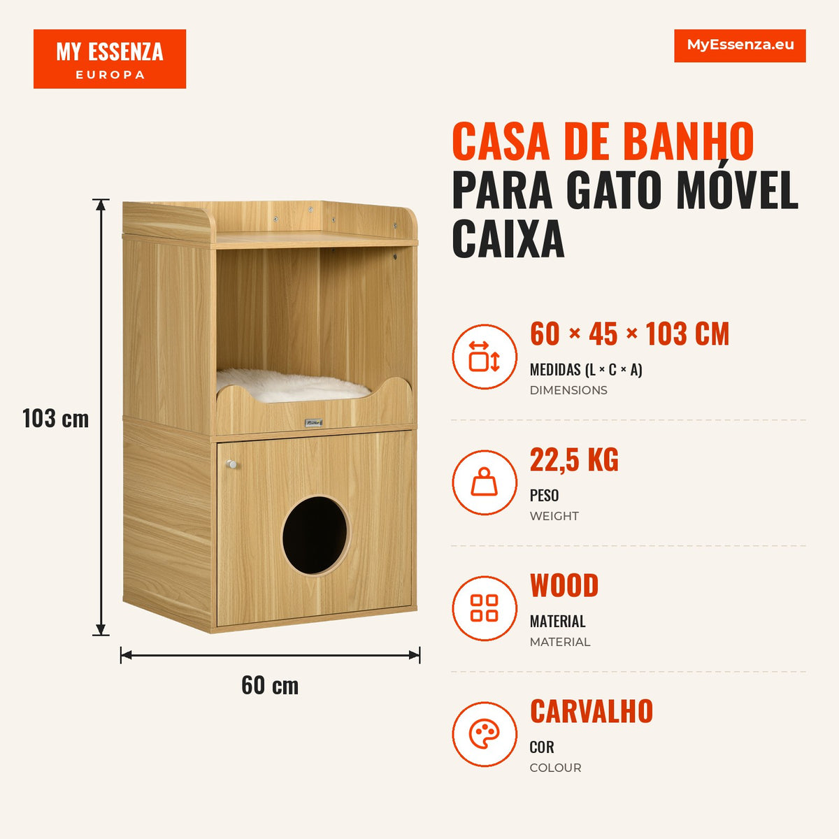 Casa de Banho para Gato Móvel Caixa de Areia para Gato 3 Níveis Compartimento Fechado Por Uma Porta 1 Almofada 60x45x103 cm — infografia 1