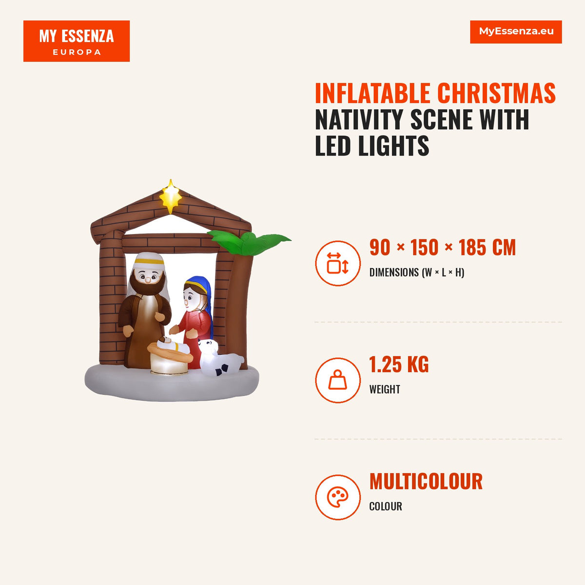 Presépio Insuflável de Natal Decoração Insuflável Natalícia com Luzes LED e Insuflador Insuflável de Natal para Exterior 150x90x185 cm Multicor — Infografia | Infographic — dimensions