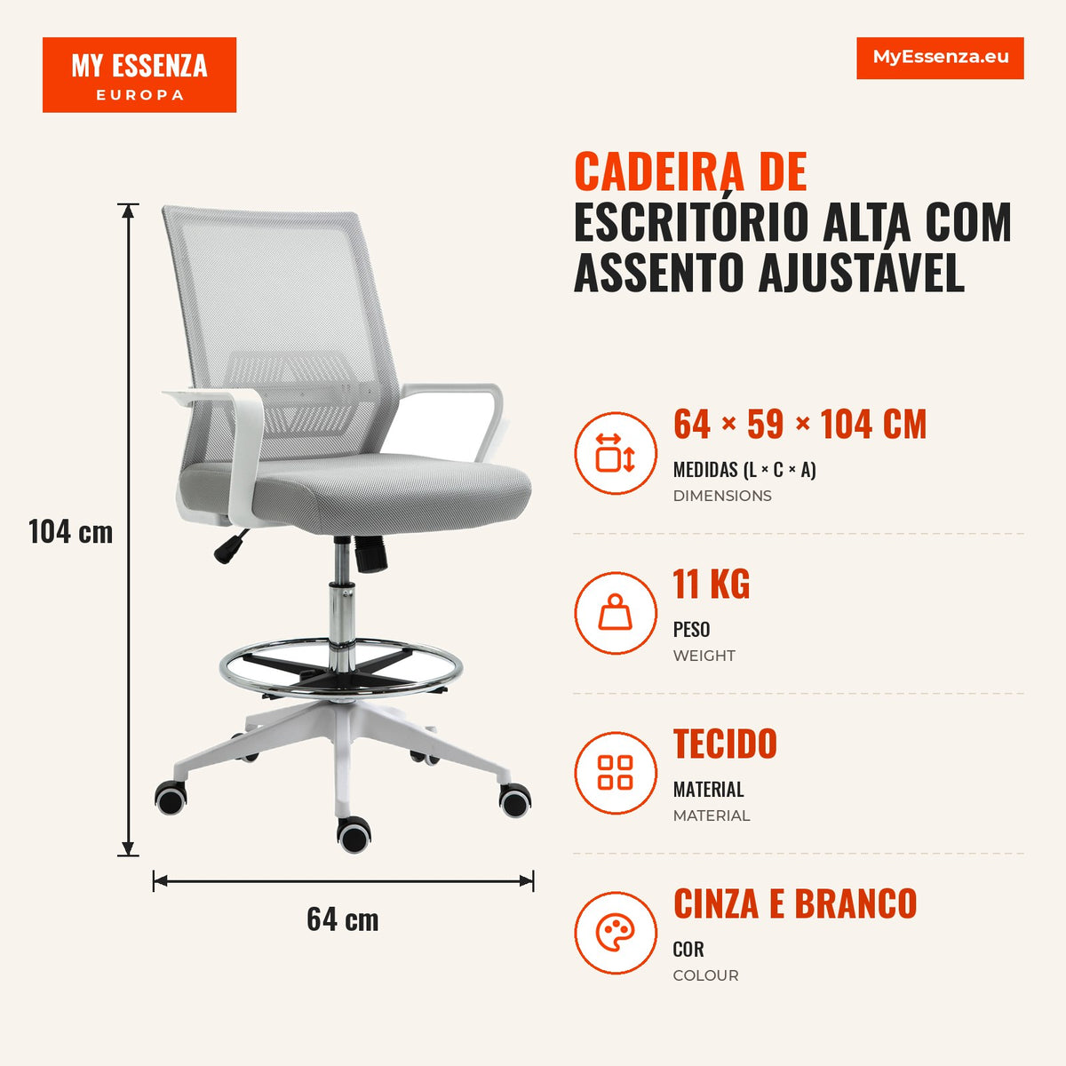 Cadeira de Escritório Alta com Assento Ajustável 64x59x104-124 cm Banco Giratório 360° Malha Respirável Cinza e Branco — infografia 1