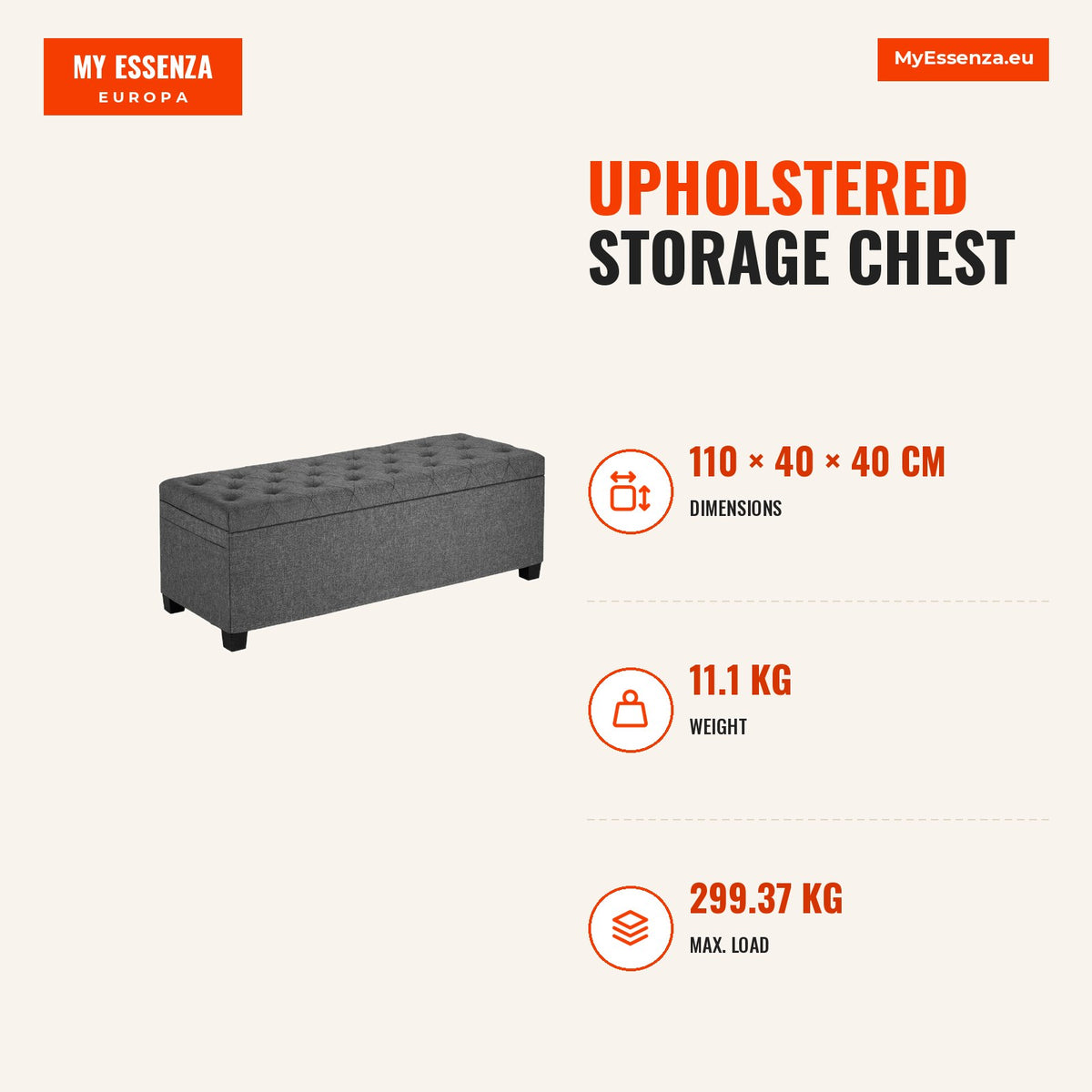 Baú armazenamento estofado, estrutura metal, bolsas laterais — Infografia | Infographic — dimensions