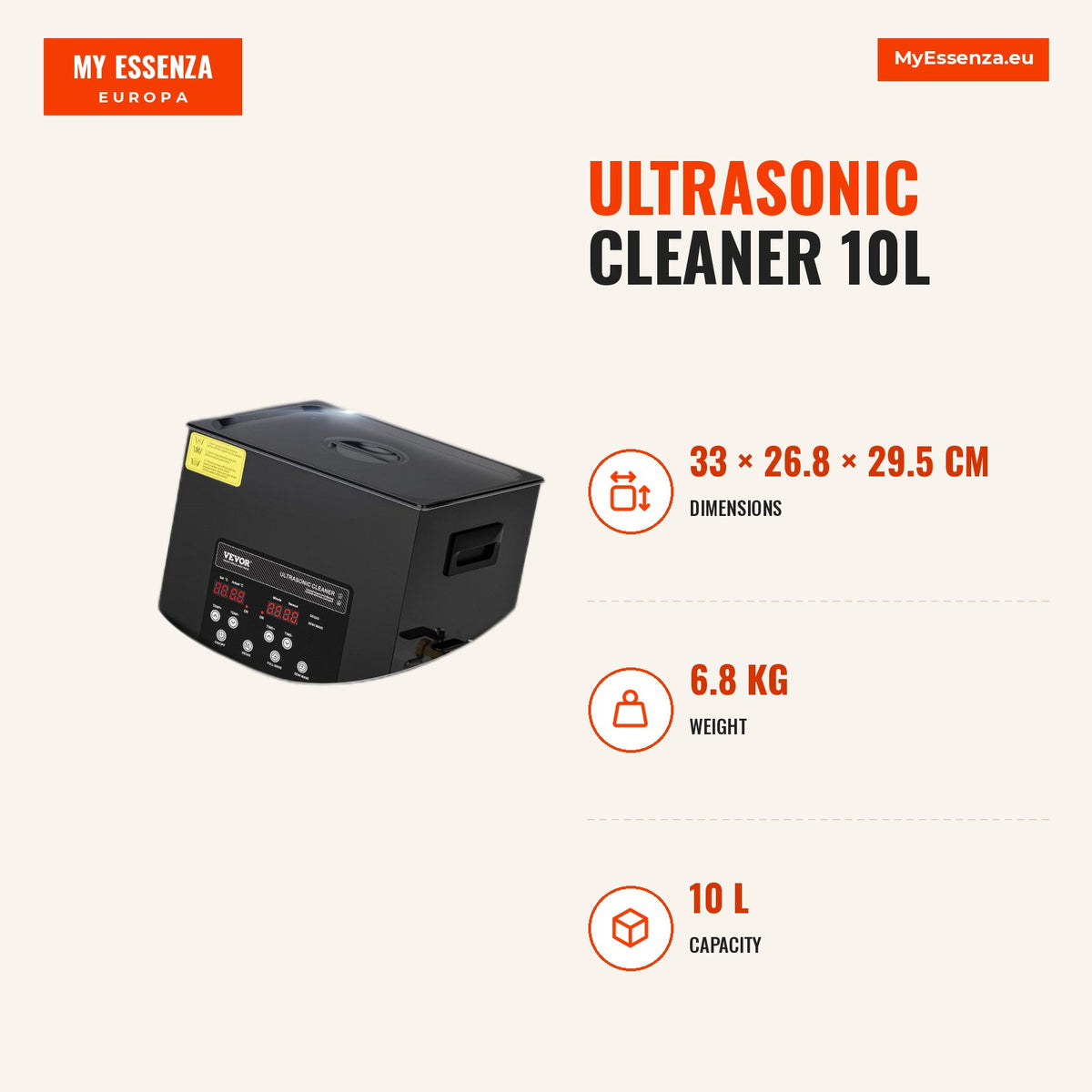 Limpador ultrassónico 10L, 240W, 40kHz, aquecedor — Infografia | Infographic — dimensions