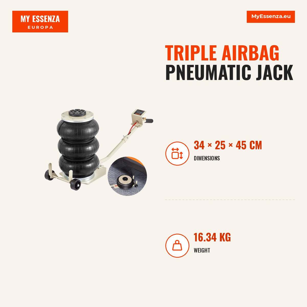 Macaco pneumático bolsas triplo 3 toneladas — Infografia | Infographic — dimensions
