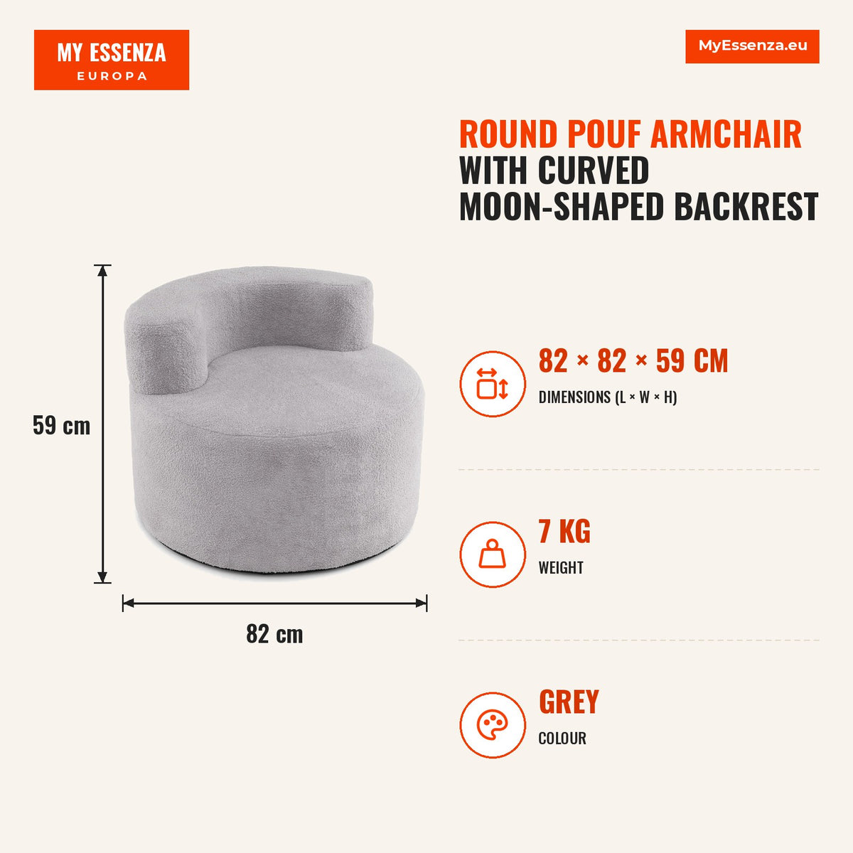 Poltrona Puff Redonda com Encosto Curvo em Forma de Lua com Forro de Felpa Teddy Cinzento — Infografia | Infographic — dimensions
