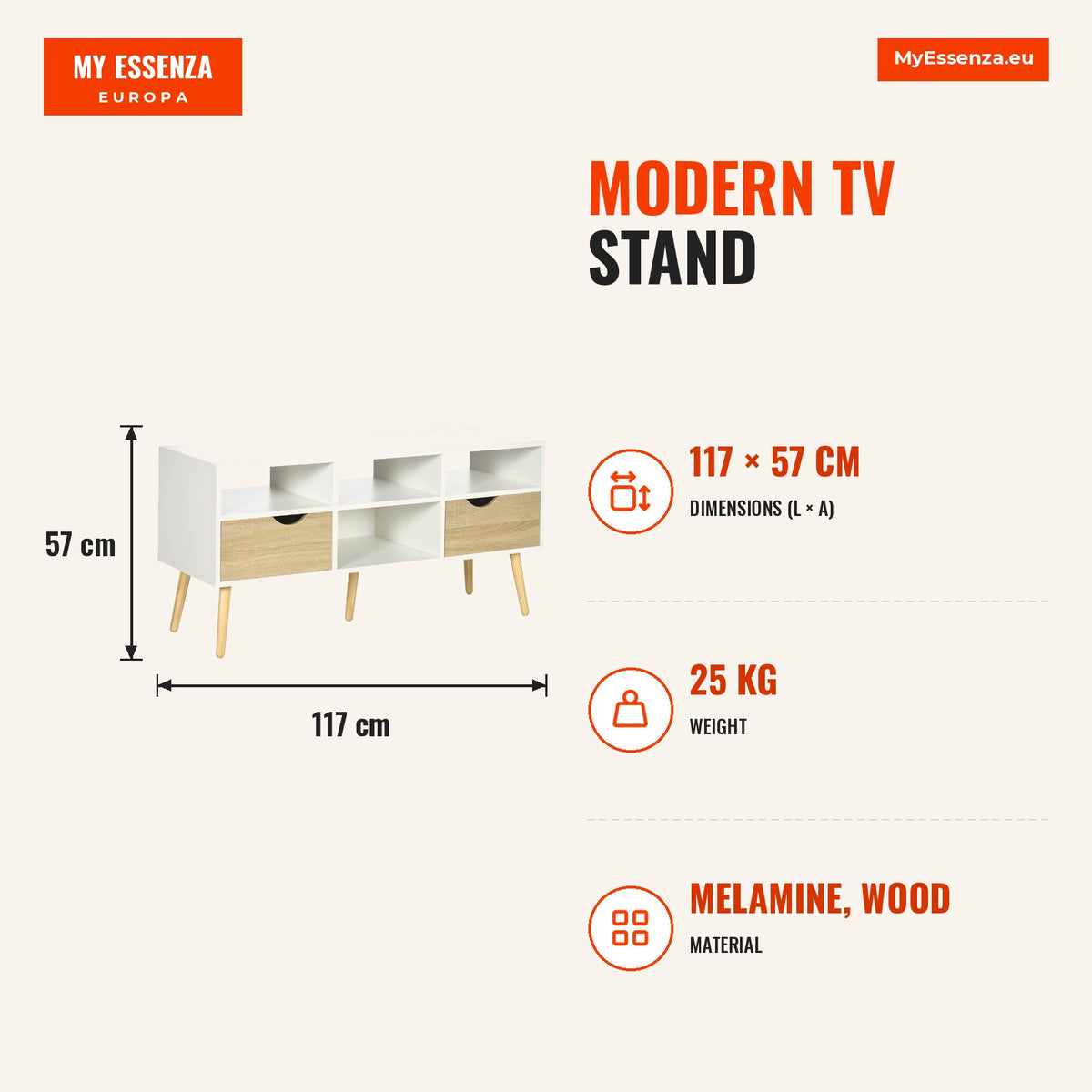 Móvel de TV Moderno com 2 Gavetas e 4 Compartimentos Pés de Madeira Dispositivo Anti Rolamento para Sala de Estar 117x39x57cm Branco e Madeira Natural — Infografia | Infographic — dimensions