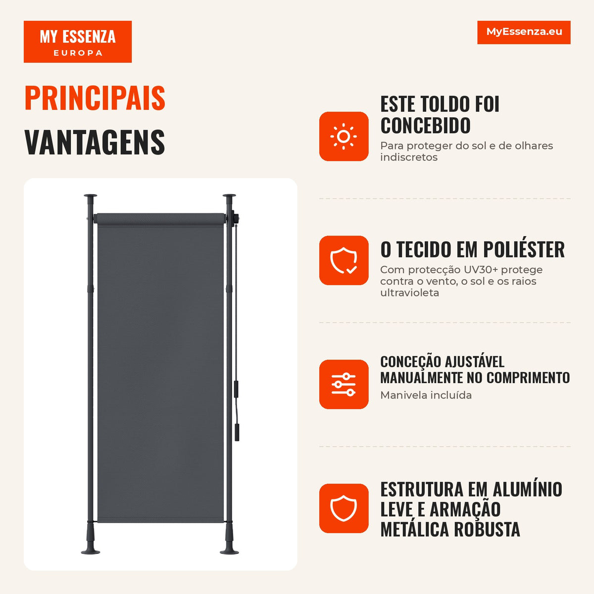 Toldo Retrátil Manual sobre Pés Comprimento Ajustável Manivela Instalação sem Perfuração Metal Alumínio Poliéster Cinza Escuro — infografia 1