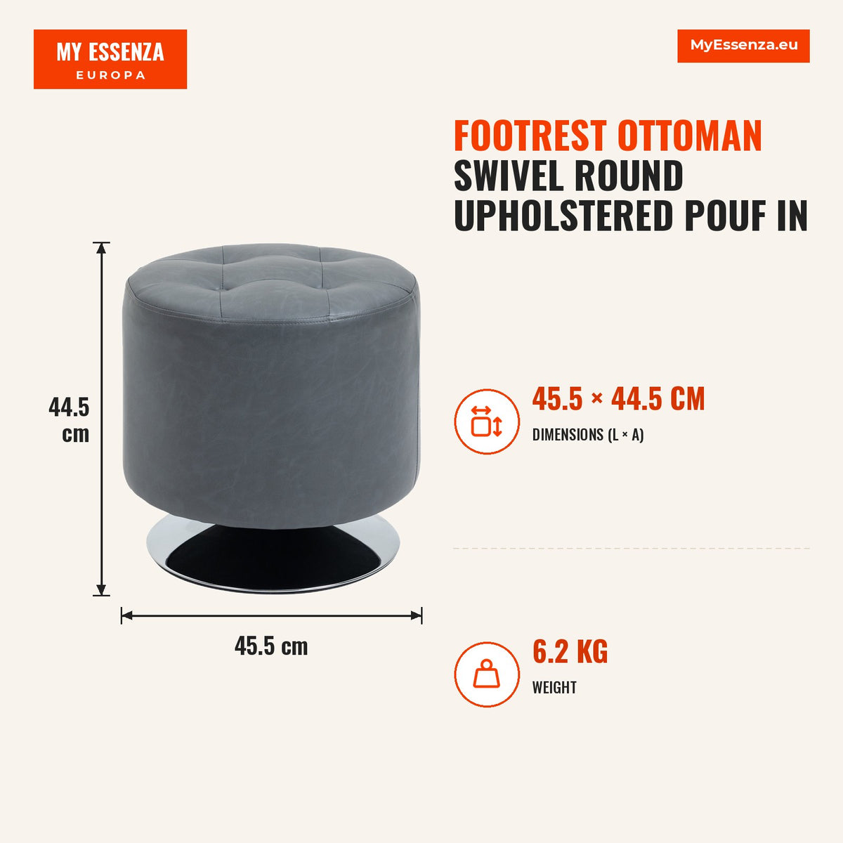 Apoio para os pés Otomano Giratório Banco Puff Redondo Estofado em Couro Sintético de Estilo Moderno para Dormitório Entrada Sala de Estar Ø45,5x44,5c — Infografia | Infographic — dimensions