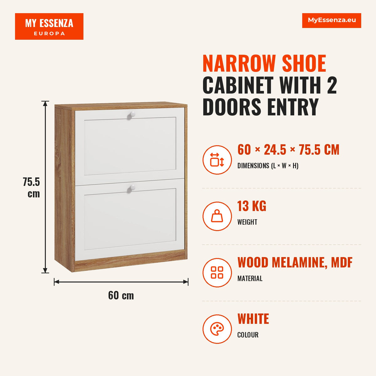 Sapateira Estreita com 2 Portas Sapateira de Entrada com Prateleiras Ajustáveis para 12 Pares de Sapatos para Corredor Espaços Reduzidos 60x24,5x75,5  — Infografia | Infographic — dimensions