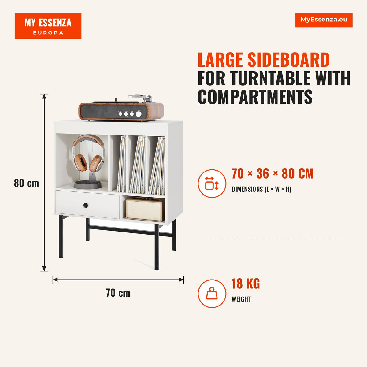 Aparador Grande para Tocadiscos com Compartimentos e Gaveta para Álbuns Branco e Preto — Infografia | Infographic — dimensions