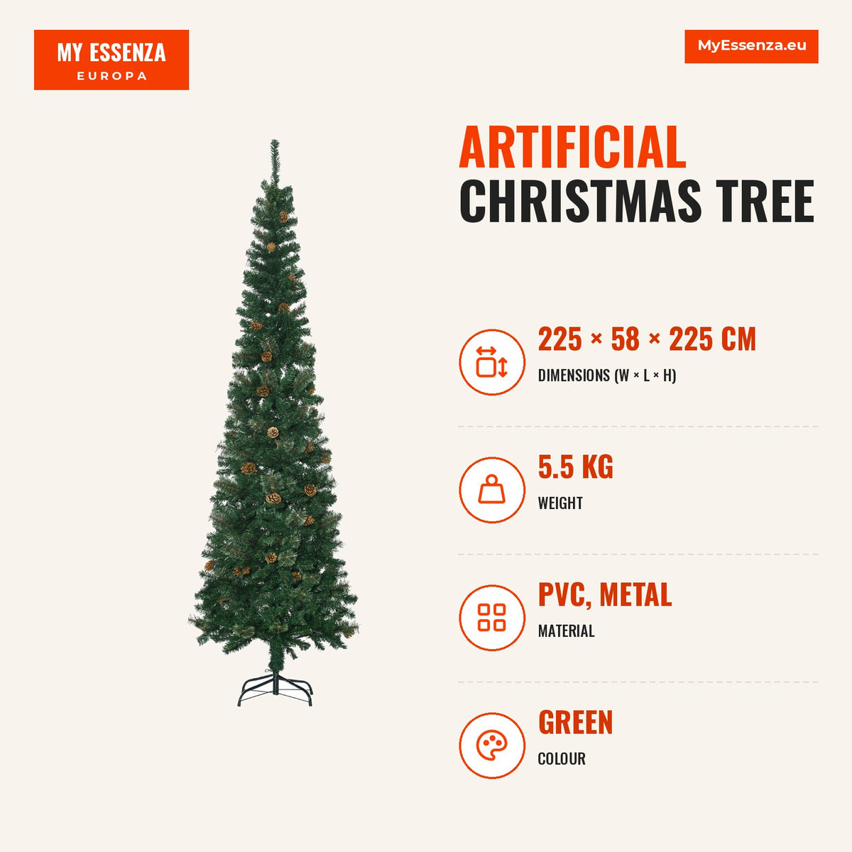 Árvore de Natal Artificial 225 cm Árvore de Natal com 706 Ramos Árvore de Natal Estreita Slim com 56 Pinhas Base Dobrável Ø58x225 cm Verde — Infografia | Infographic — dimensions