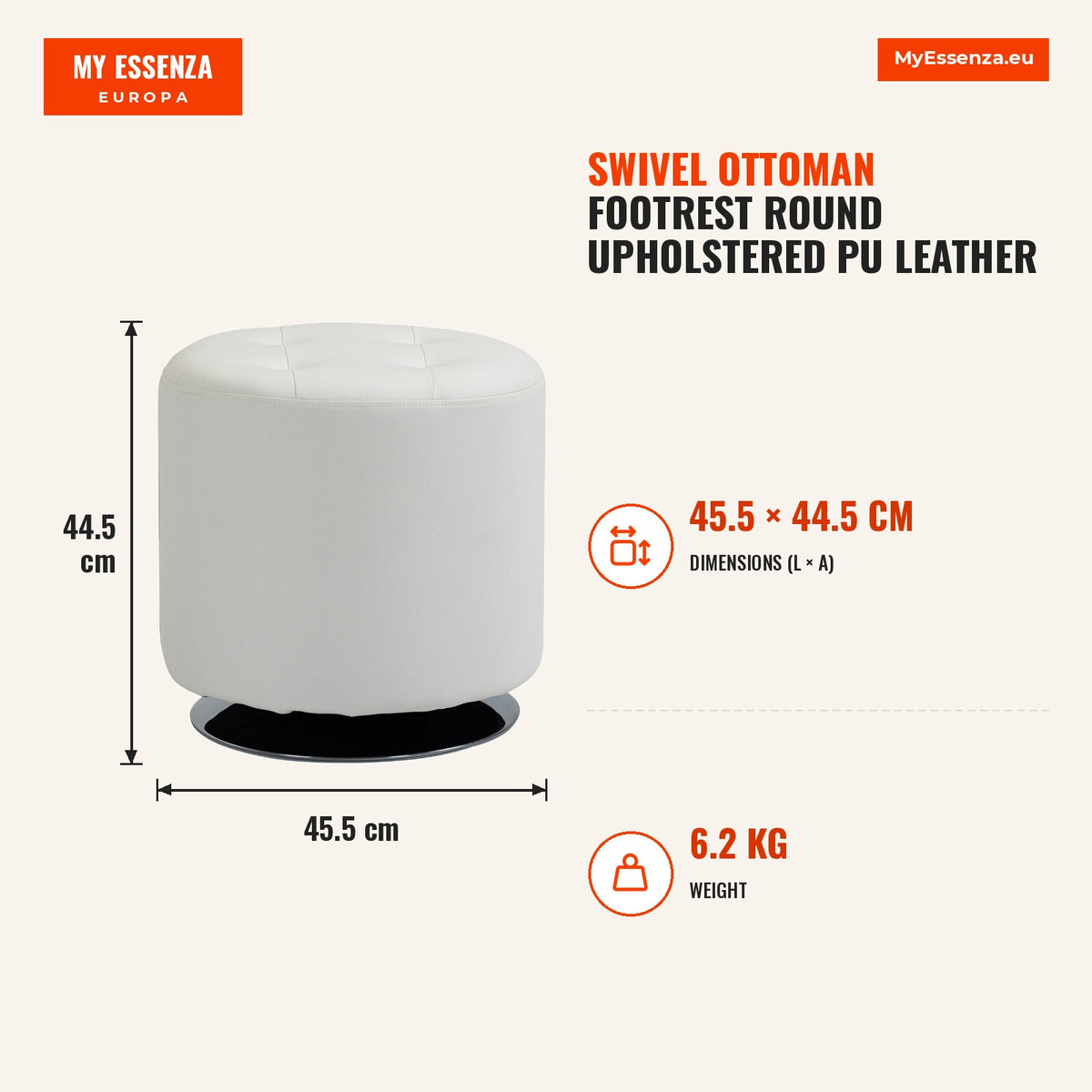 Apoio para os pés Otomano Giratório Banco Puff Redondo Estofado em Couro Sintético de Estilo Moderno para Dormitório Entrada Sala de Estar Ø45,5x44,5c — Infografia | Infographic — dimensions