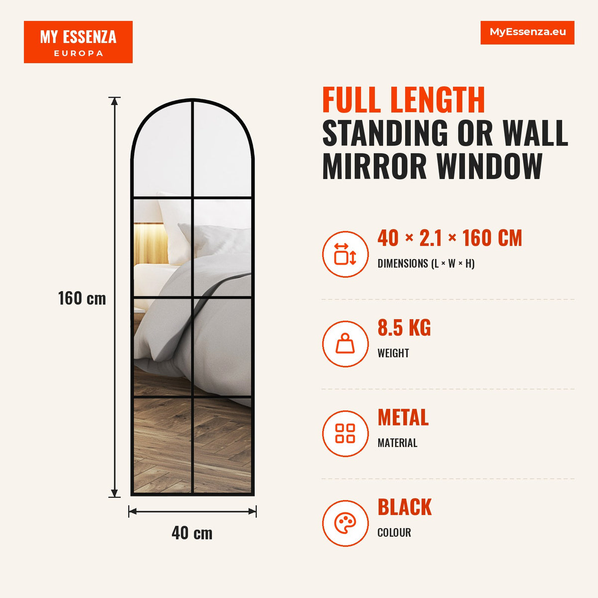 Espelho Decorativo de Parede 40x160 cm Espelho de Janela em Metal, 2 Formas de Utilização para Sala, Quarto, Entrada, Estilo Moderno, Preto — Infografia | Infographic — dimensions
