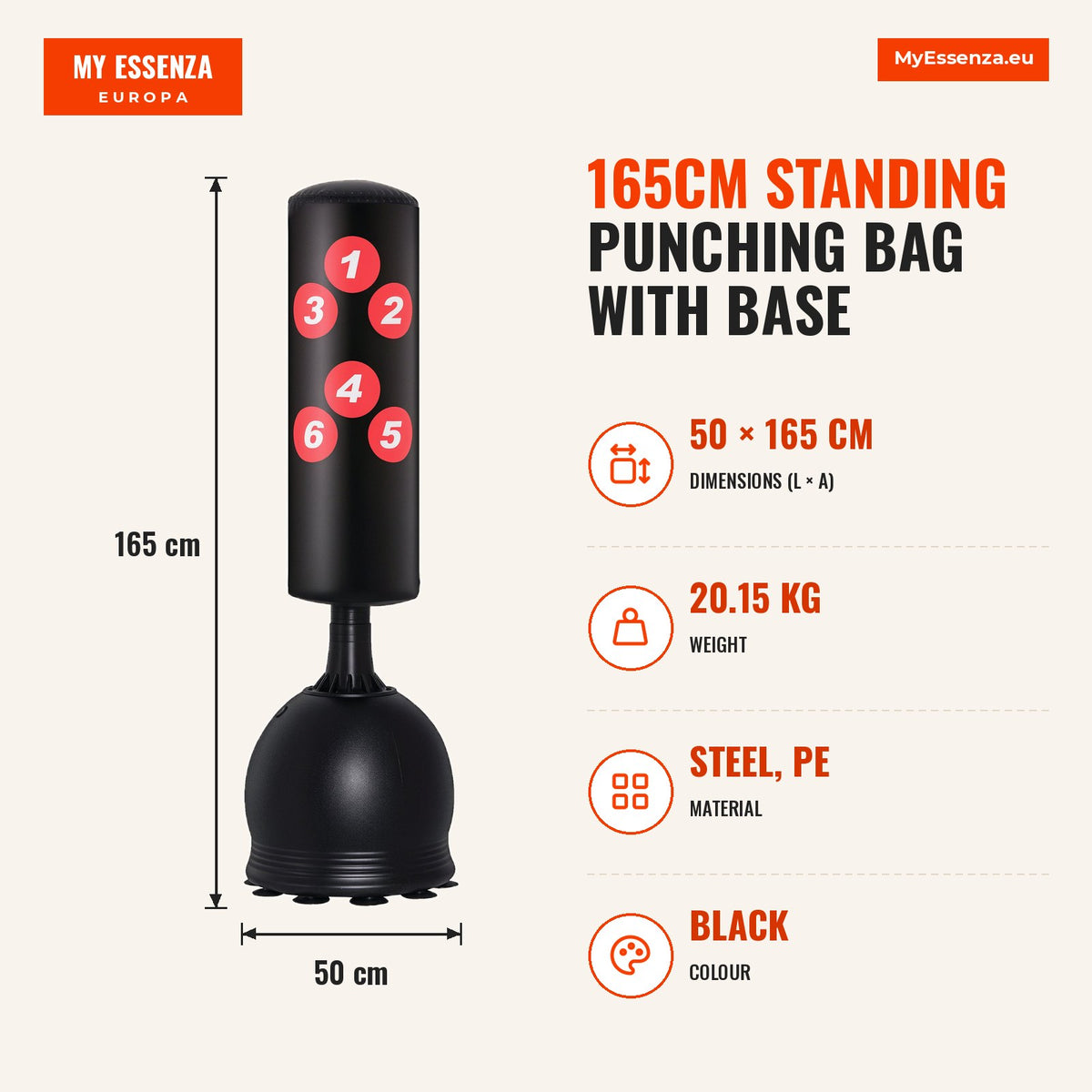 Saco de Boxe de Pé 165cm Sacos de Chão com Suporte para Preencher de Água ou Areia para Adultos e Crianças Preto — Infografia | Infographic — dimensions