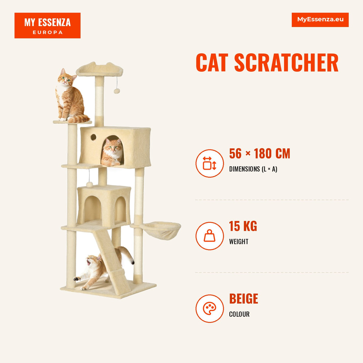 Arranhador para Gatos 180 cm Torre de Escalada com Múltiplas Plataformas Cama 2 Cavernas Rede Escada Postes de Sisal Bolas para Brincar Bege — Infografia | Infographic — dimensions