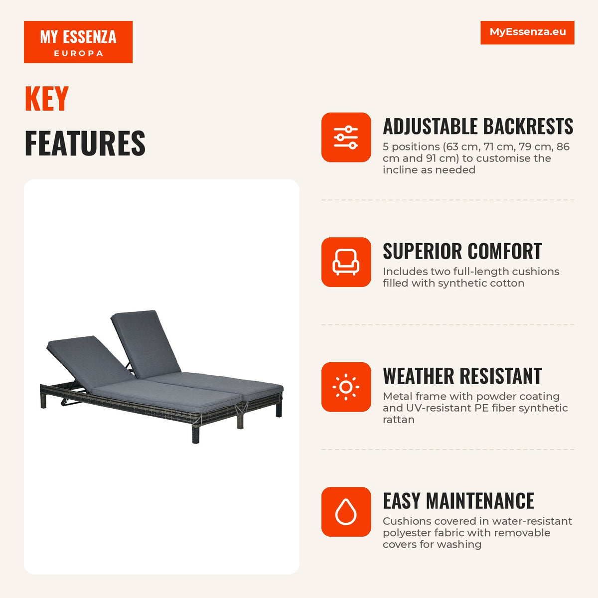 Conjunto de Espreguiçadeiras Exterior de Vime 2 Lugares com Almofadas Acolchoadas Resistente à Água com Encosto Ajustável em 5 Níveis Suporta 220kg 19 — Infografia | Infographic — dimensions