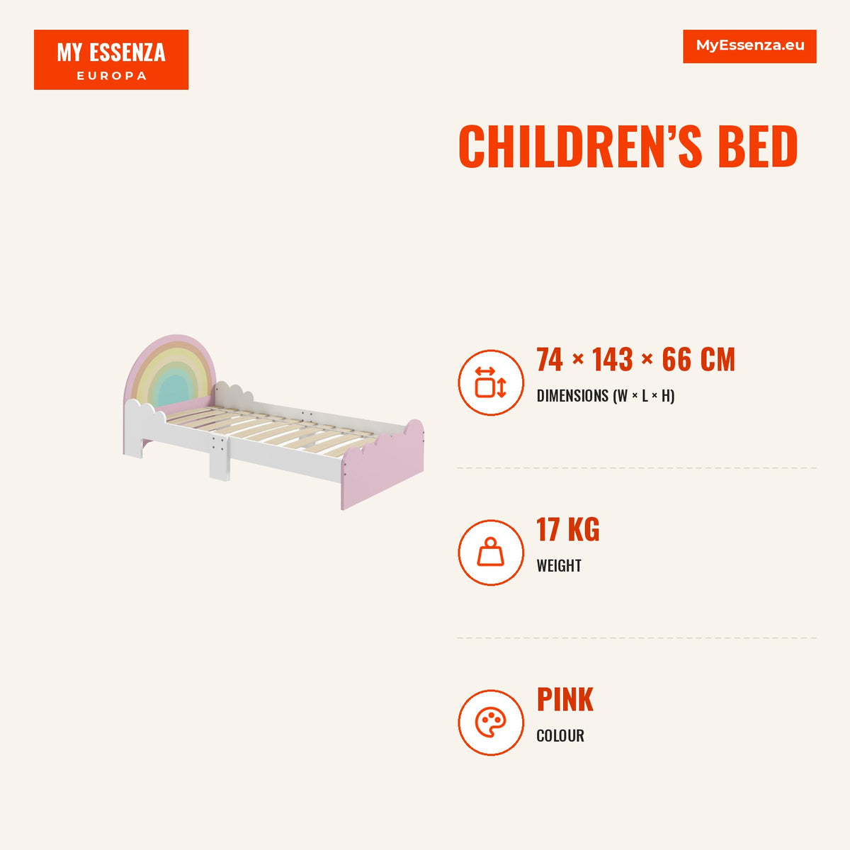 Cama para Crianças de 3-6 Anos 143x74x66 cm Cama Infantil de Madeira em Forma de Arco Íris Móvel de Dormitório Moderno Carga 80 kg Rosa — Infografia | Infographic — dimensions