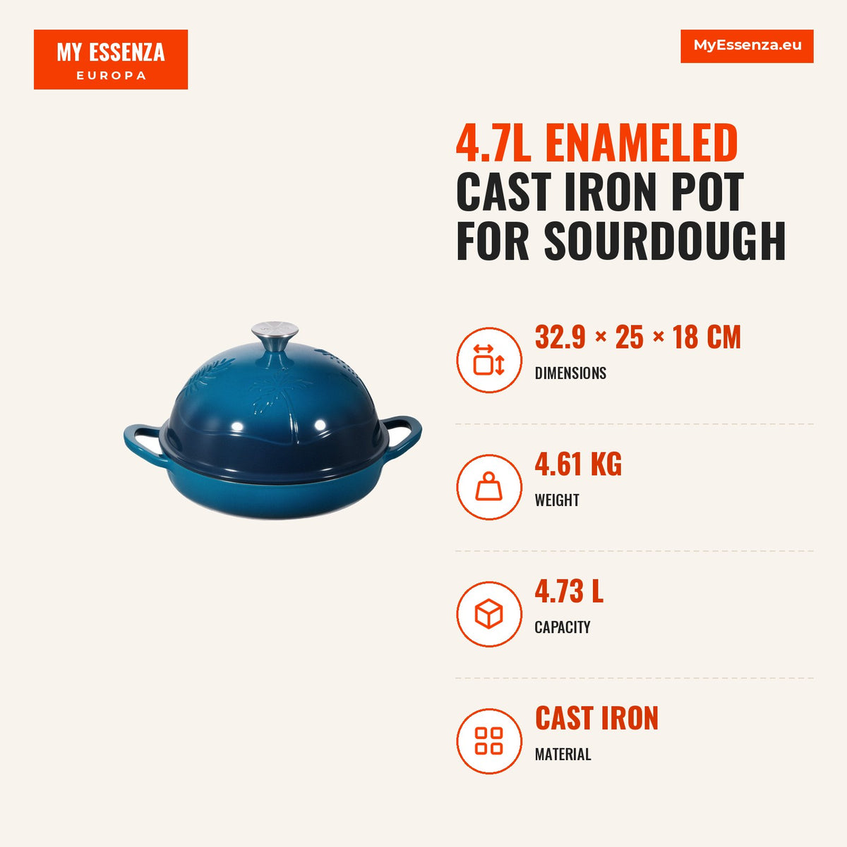 Tacho ferro esmaltado 4,7L panela sourdough 260°C — Infografia | Infographic — dimensions