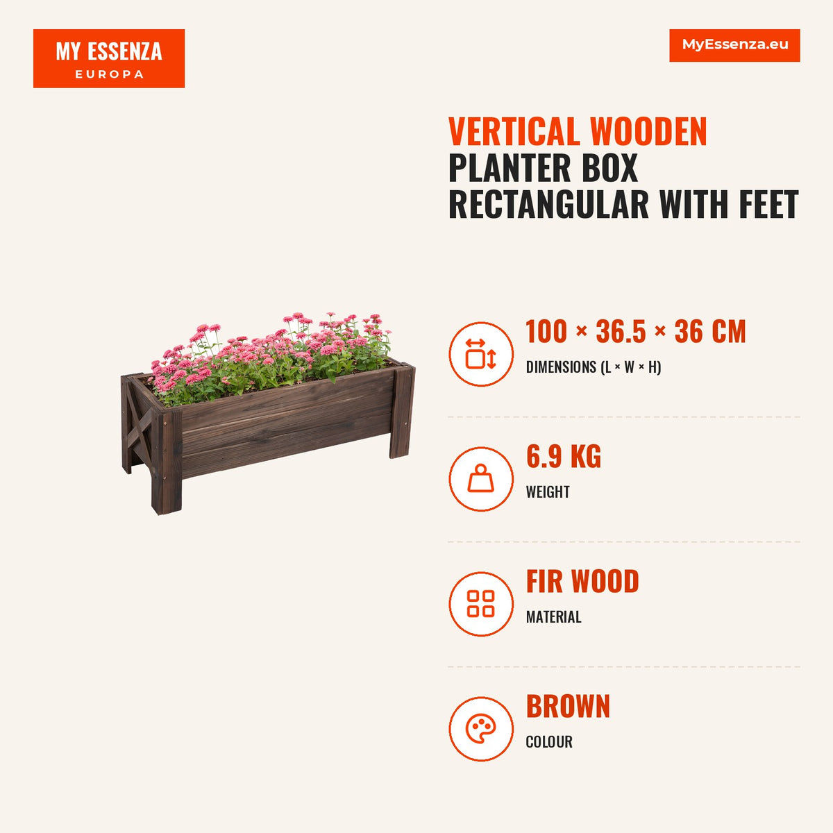 Horta Vertical Floreira de Madeira Retangular com Pés para Flores Plantas Cultivos 100x36,5x36cm Marrom — Infografia | Infographic — dimensions