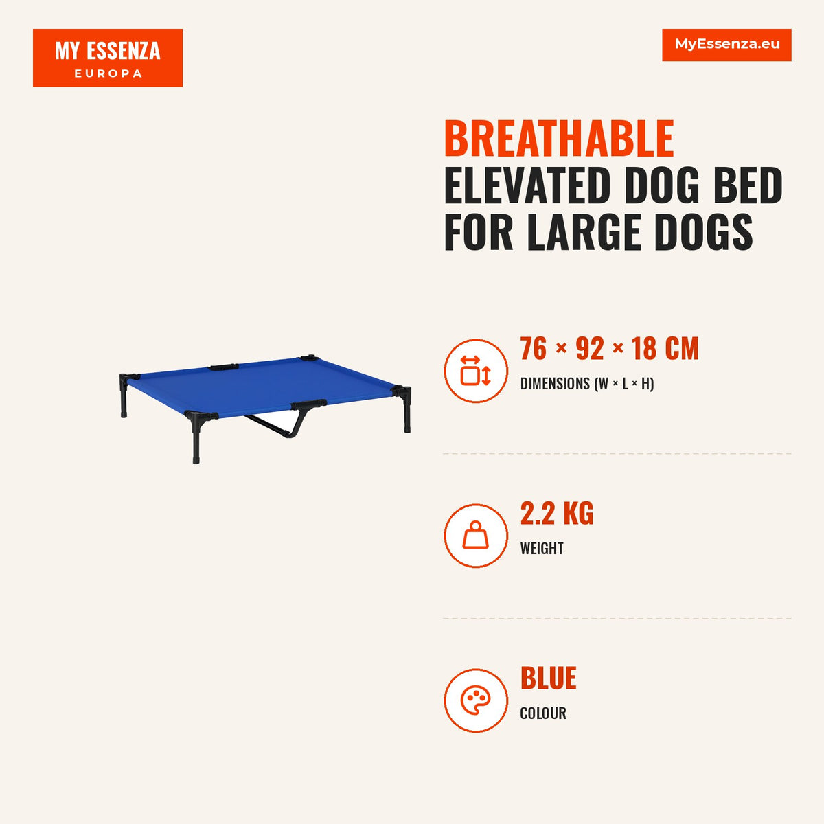 Cama Elevada para Cães Respirável para Cães Elevada para Cães Grandes com Tecido Oxford e Estrutura de Metal para Interior e Exterior 92x76x18 cm Azul — Infografia | Infographic — dimensions