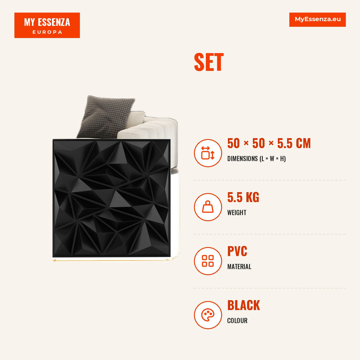 Kit 20 Painéis 3D Parede Losango Preto 50x50x5,5cm Sala Quarto — Infografia | Infographic — dimensions