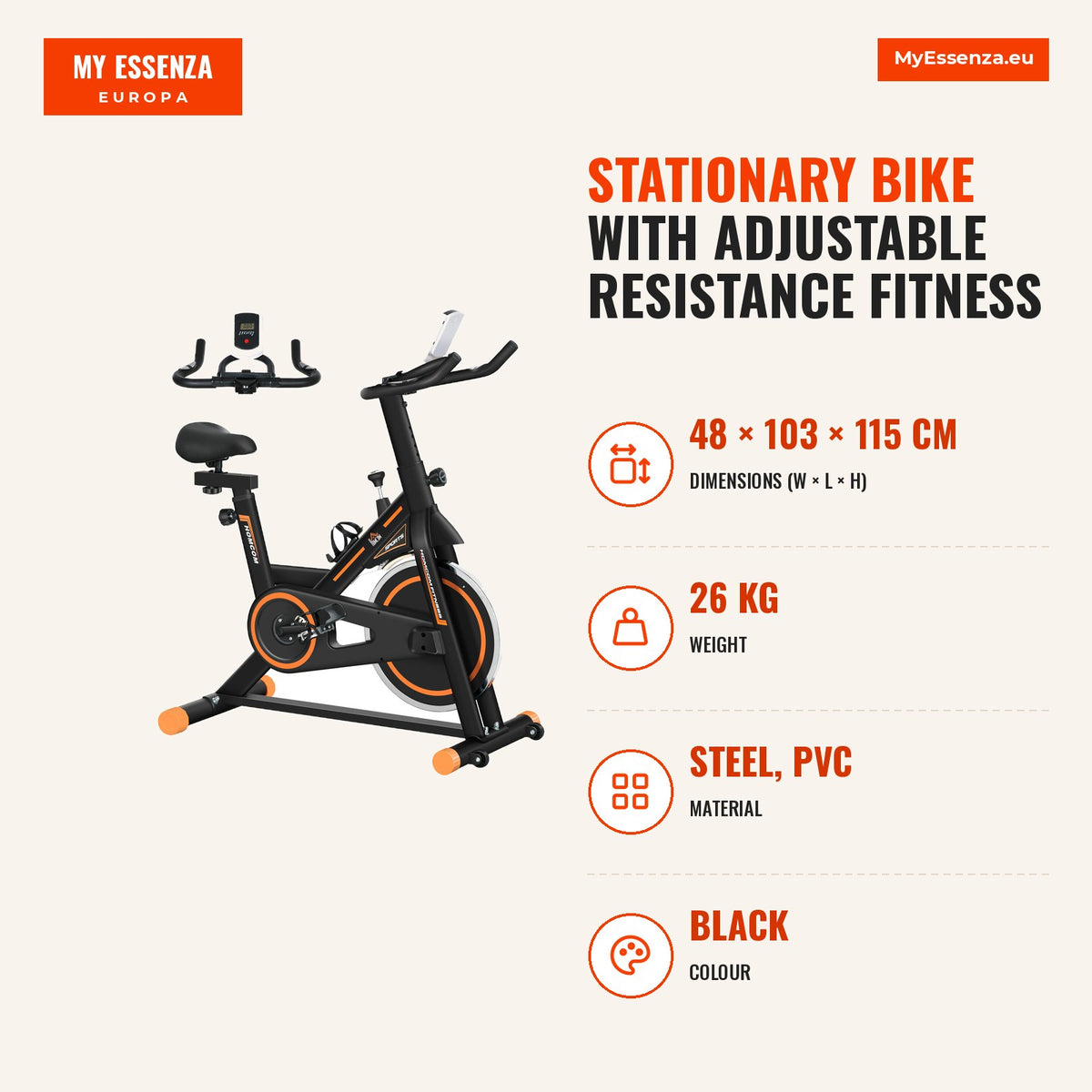 Bicicleta Estática com Resistência Ajustável Bicicleta Fitness com Volante de Inércia de 8kg Ecrã LCD Assento e Guiador Ajustáveis Suporte para Tablet — Infografia | Infographic — dimensions