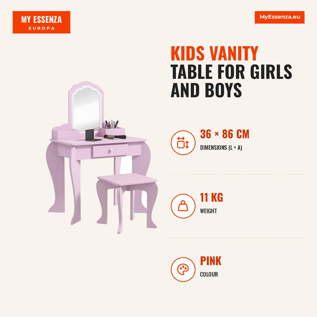 Toucador Infantil para Meninas e Meninos acima de 3 Anos Toucador de Maquilhagem com Banco e Espelho Toucador para Meninas com Gaveta e Caixas de Arru — Infografia | Infographic — dimensions