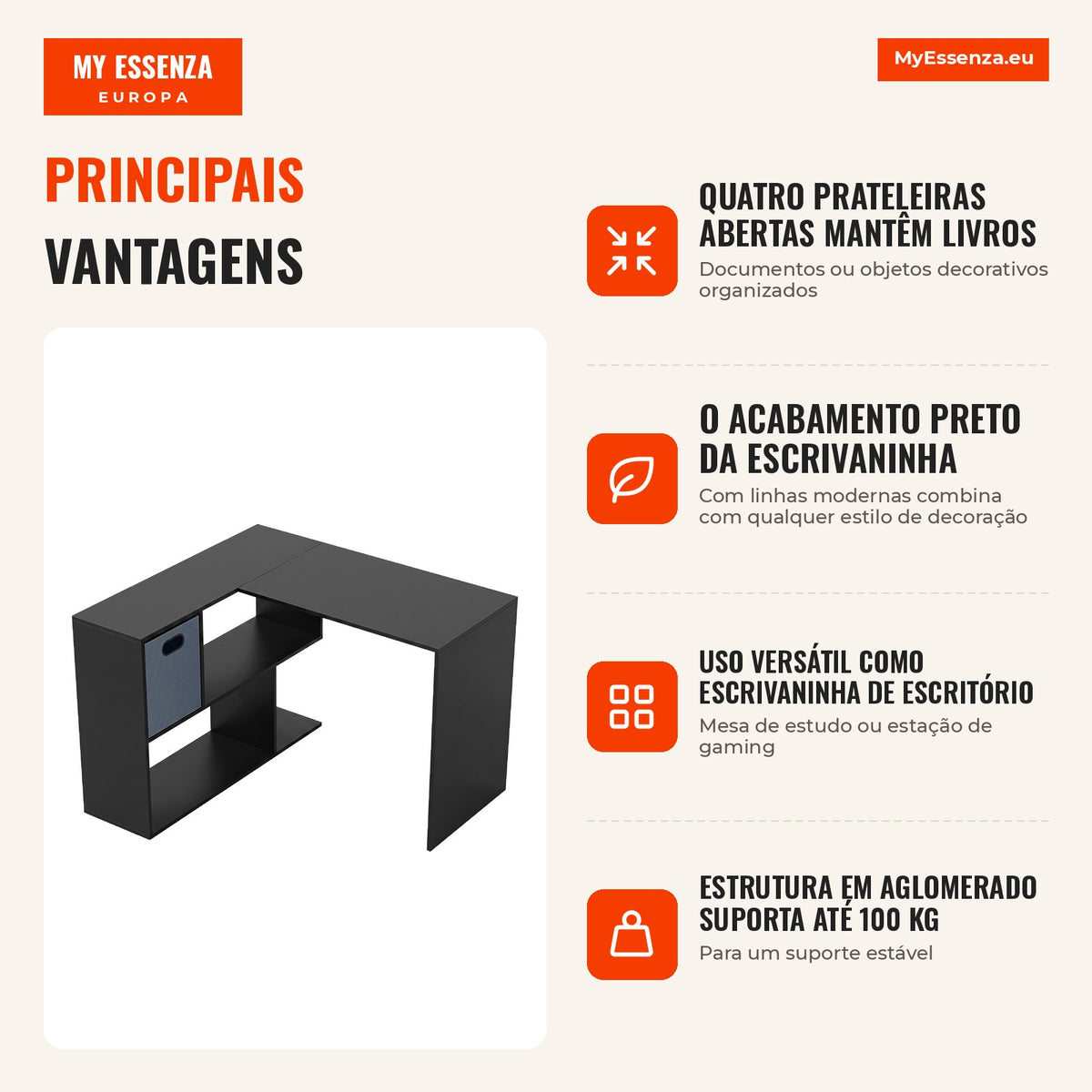 Escrivaninha de Canto Moderna com Prateleira e Gaveta em Tecido 110x100x75 cm Preto — infografia 1