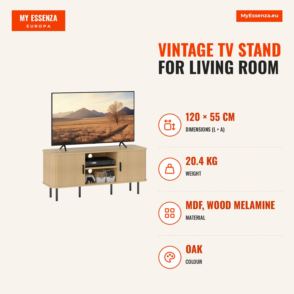 Móvel de TV Vintage Móvel de TV para Sala de Estar com 2 Portas de Correr 2 Prateleiras Abertas Móvel para Televisores de até 55 Polegadas 120x40x55 c — Infografia | Infographic — dimensions