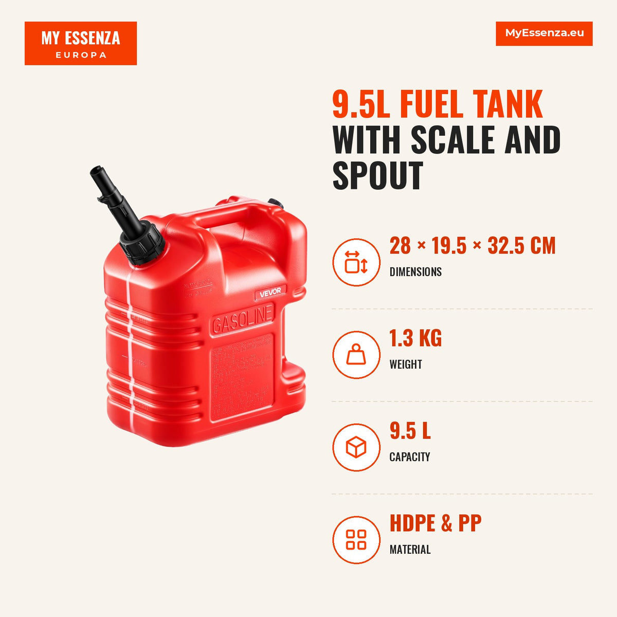 Depósito de combustível 9,5L com escala e bico — Infografia | Infographic — dimensions