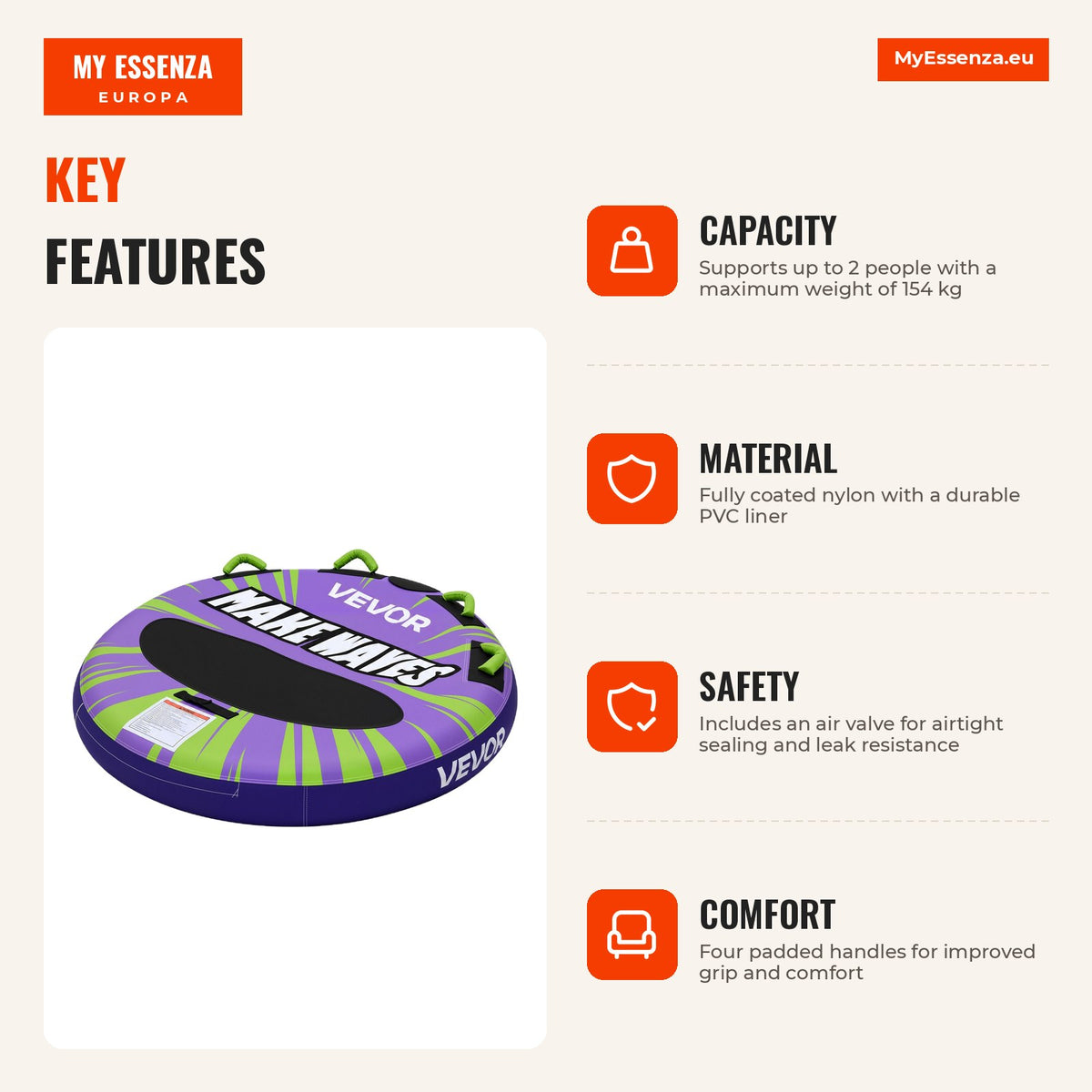 Boia insuflável para 2 pessoas, capacidade 154 kg, nylon, PVC — Infografia | Infographic — dimensions