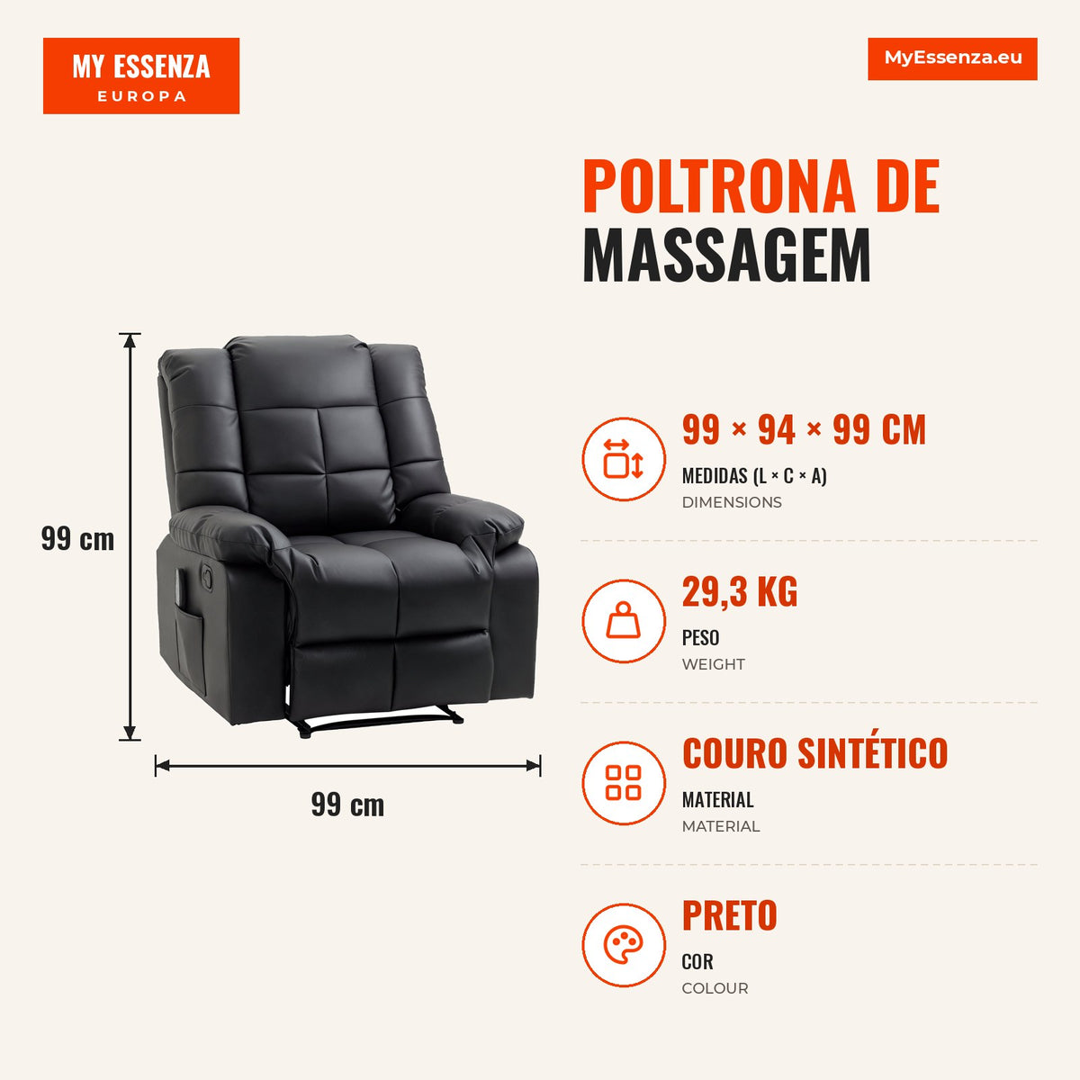 Poltrona de Massagem Poltrona Relax Reclinável com 8 Pontos de Massagem Controlo Remoto Estofada em PU Apoio para Pés Bolso Lateral Poltrona para Sala — Infografia — medidas