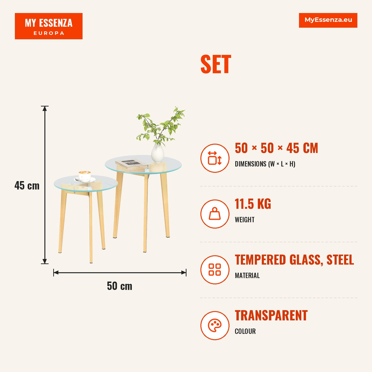 Conjunto de 2 Mesas de Apoio Modernas com Bancada de Vidro Temperado e Estrutura Metálica Mesas de Apoio Ø50x45 cm e Ø40x40 cm Transparente — Infografia | Infographic — dimensions