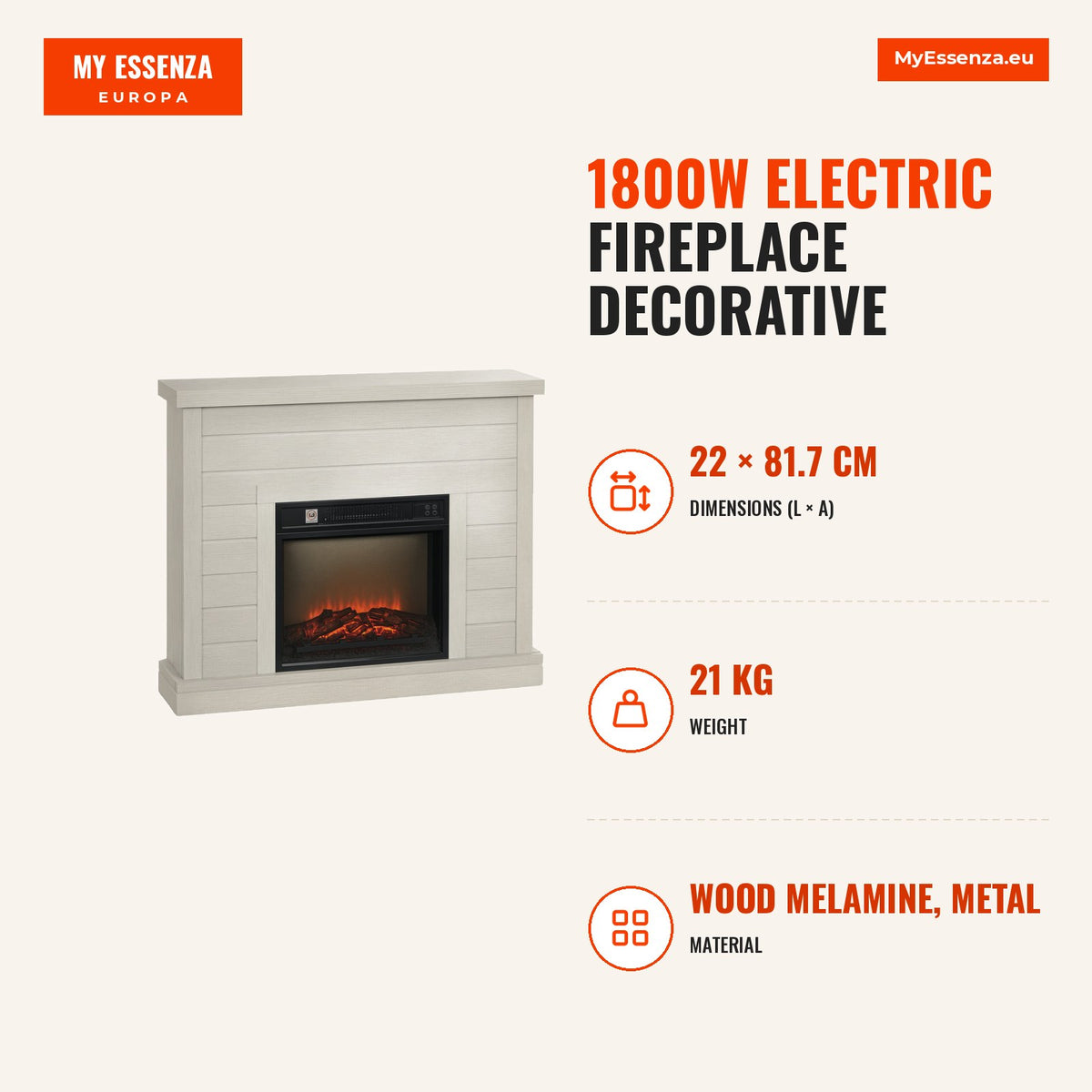 Lareira Elétrica 1800W Lareira Decorativa com Efeito de Chama Realista Controlo Remoto Temporizador Semanal Proteção Contra Sobreaquecimento para Ambi — Infografia | Infographic — dimensions