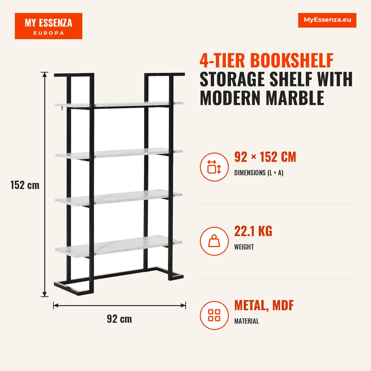 Estante de 4 Níveis Estante de Livros com Armazenamento com Prateleiras com Efeito de Mármore Moderno para Sala de Estar Escritório Cozinha Dormitório — Infografia | Infographic — dimensions