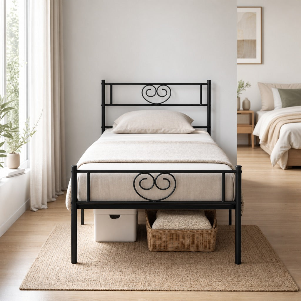Estrutura de Cama Individual de Metal 31cm para Colchão 90x190cm com Cabeceira com Forma de Coração Estrutura de Cama com Espaço em Baixo de Armazenamento 95x196x100cm Preto — Ambiente | Lifestyle
