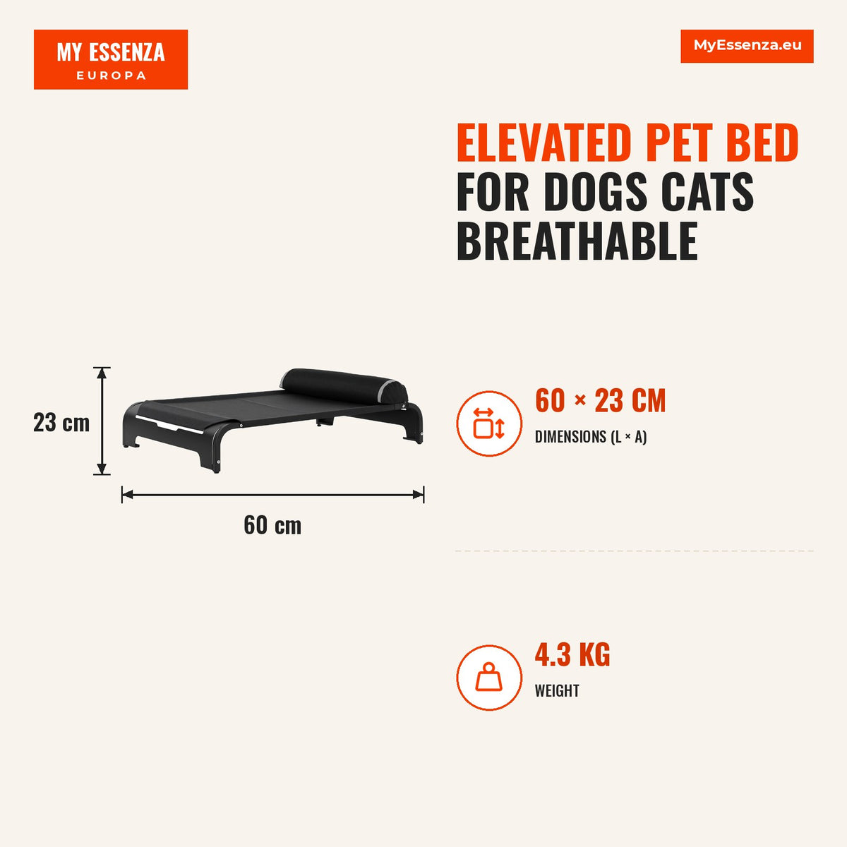 Cama Elevada para Animais de estimação Cães Gatos Tela Transpirável com Almofada Removível Exterior Interior Jardim Terraço 91x60x23cm Preto — Infografia | Infographic — dimensions