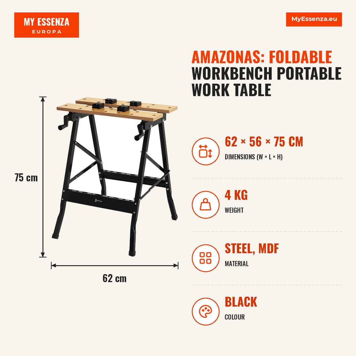 Amazonas: Bancada de trabalho dobrável Mesa de trabalho portátil com 4 grampos Buracos para serra Uso doméstico Ferro para trabalhar madeira Suporte p — Infografia | Infographic — dimensions