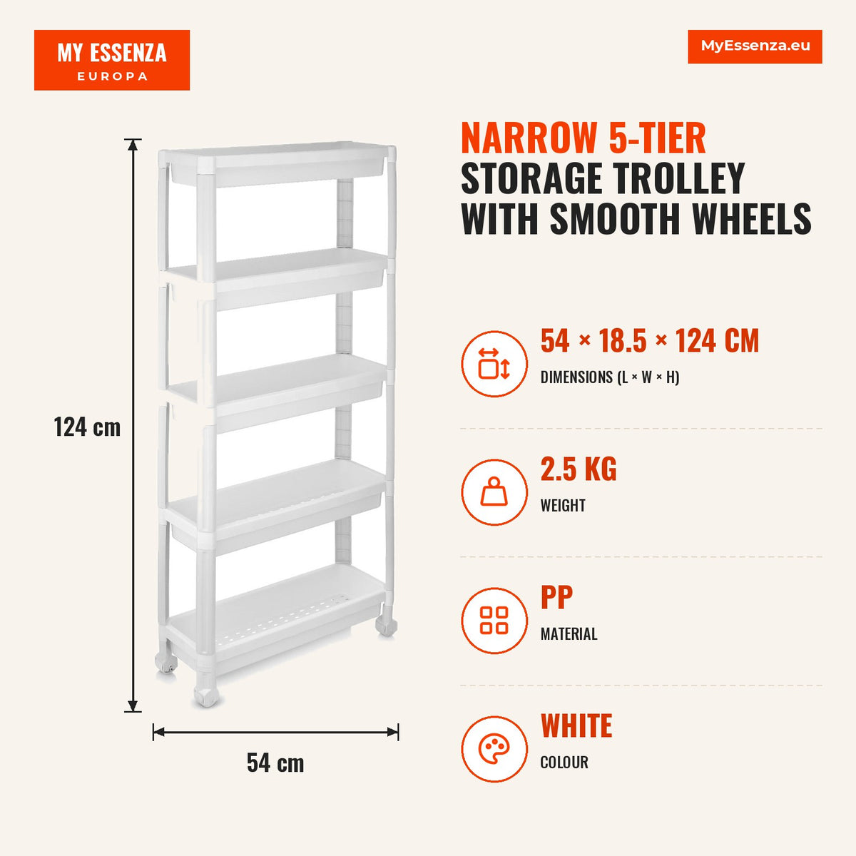 Carrinho Arrumação 5 Níveis Estreito com Rodas Suaves Organizador Multiusos Casa de Banho Cozinha 54x18,5x124cm Branco — Infografia | Infographic — dimensions