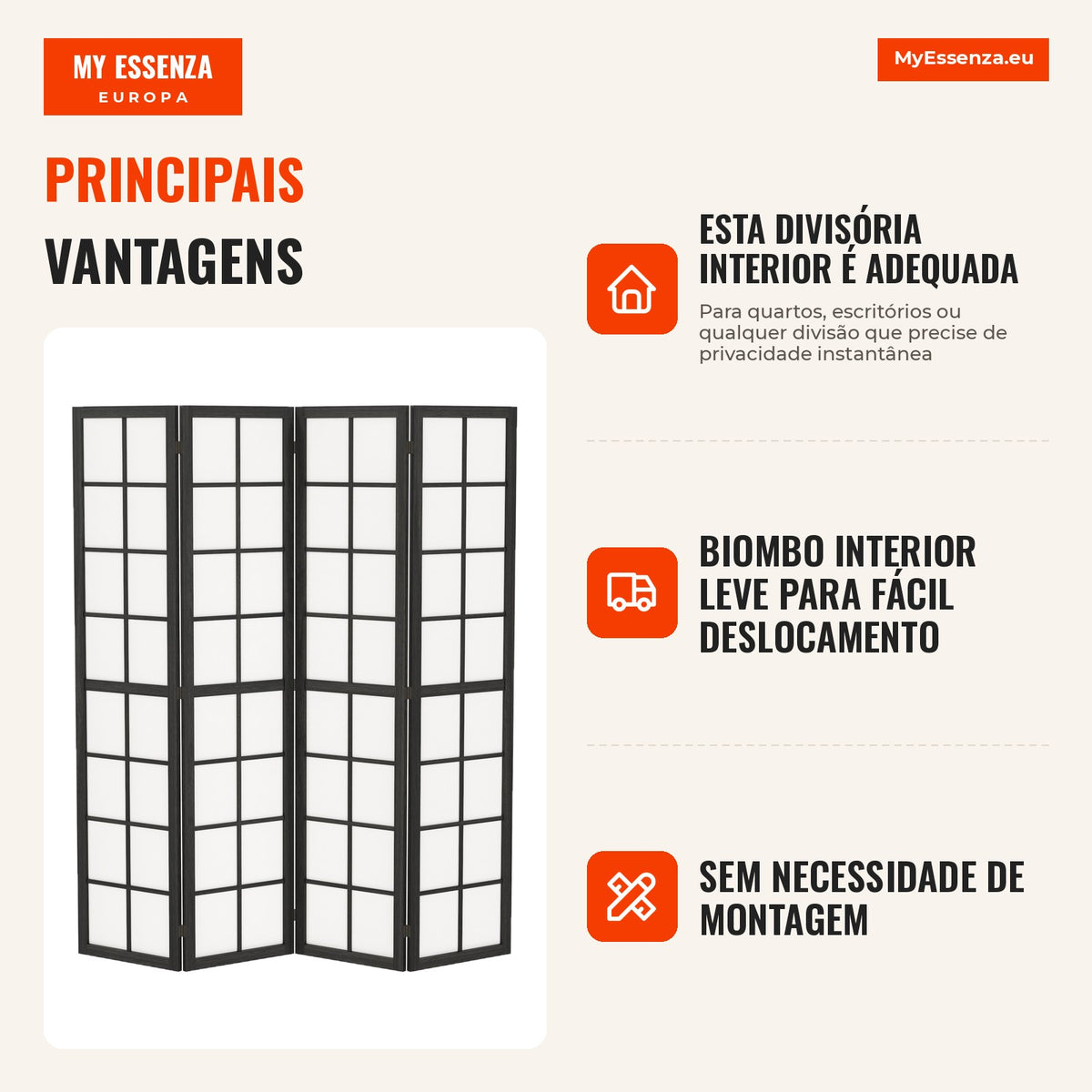 Biombo Interior Dobrável 4 Painéis 160x170 cm Separador de Ambientes para Sala Quarto Casa Preto — infografia 1