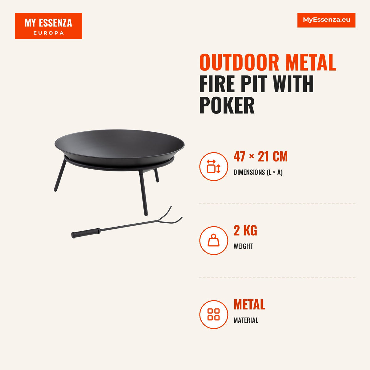 Braseiro de Exterior Braseiro de Metal com Atiçador para Varanda Campismo Ar Livre Ø47x21 cm Preto — Infografia | Infographic — dimensions