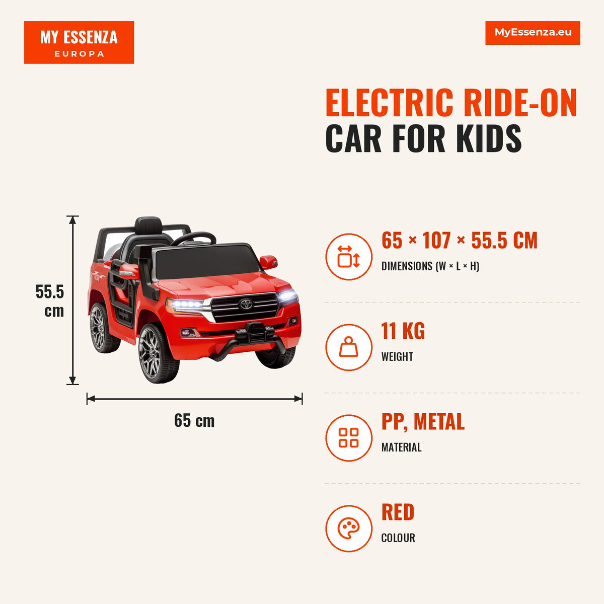 Carro Elétrico para Crianças acima de 3 Anos Carro Elétrico Toyota Land Cruiser com Bateria 12V Controlo Remoto Faróis Buzina Arranque Lento e Música  — Infografia | Infographic — dimensions