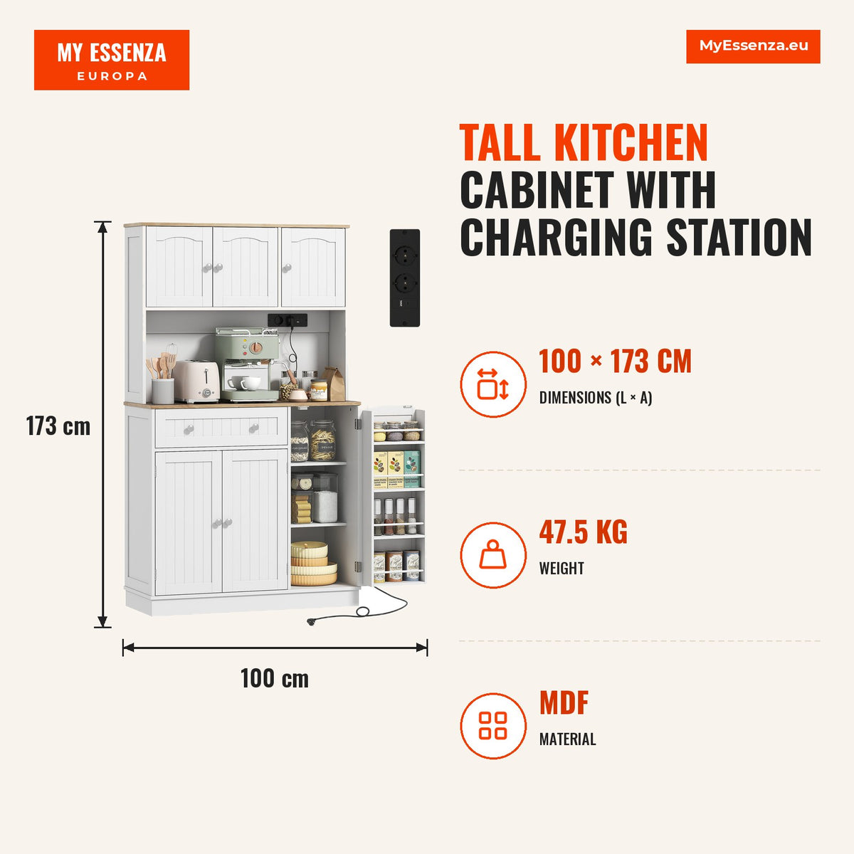 Armário de Cozinha Alto com Estação de Carregamento Móvel Auxiliar de Cozinha 6 Portas 1 Gaveta Prateleiras Ajustáveis 4 Prateleiras para Especiarias  — Infografia | Infographic — dimensions