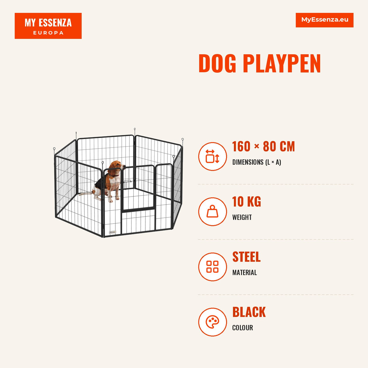 Parque para Cães 6 Painéis de 80 cm de Altura Cercas para Cães de Aço Dobrável com Porta para Interior e Exterior Preto — Infografia | Infographic — dimensions